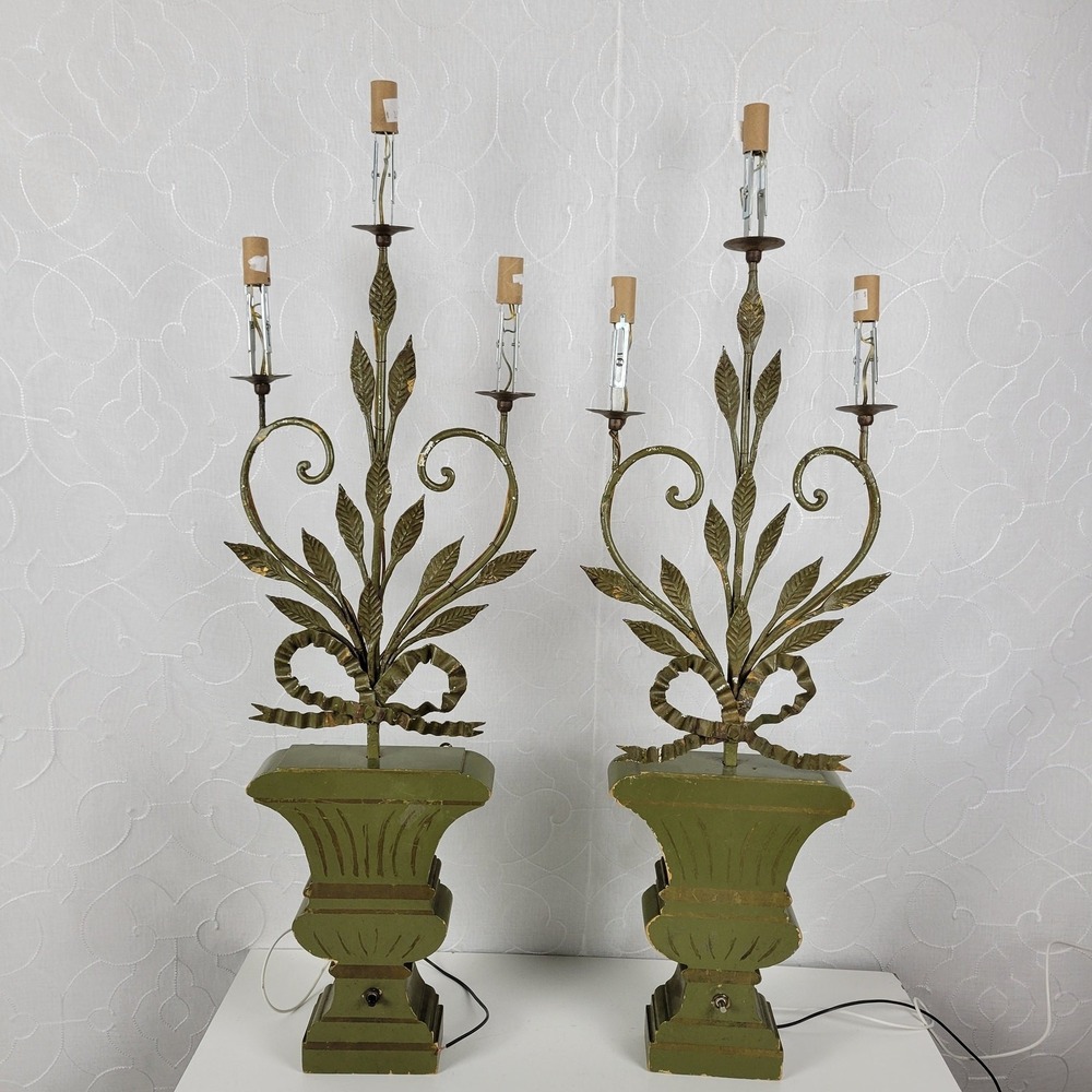 Vintage Candelabra 32" Wall Light Sconces Green Gold Wrought Iron Set of 2